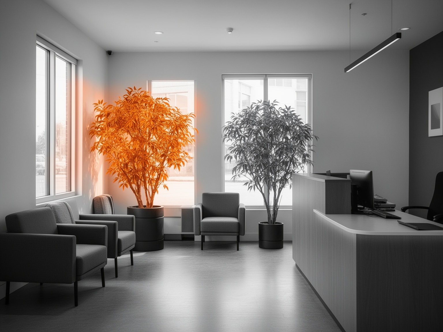 Small business lobby interior with sunrise amber highlighted potted plant under natural lighting
