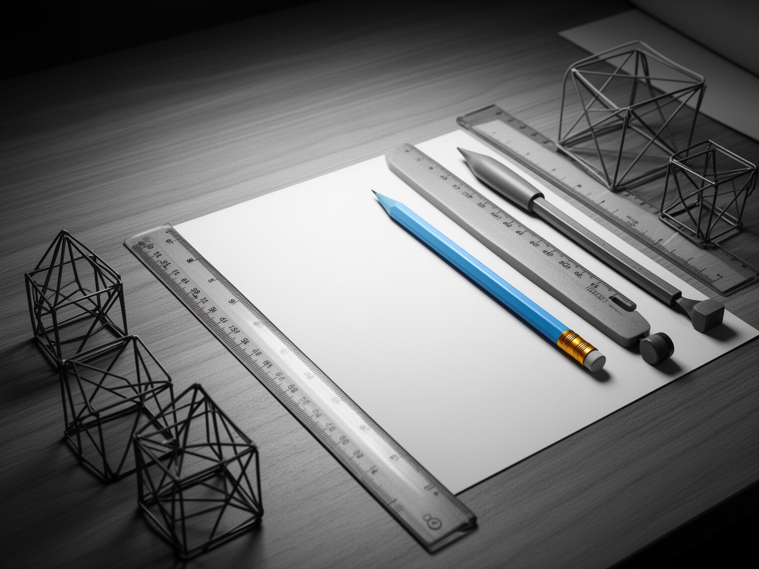 Organized workspace desk with soft indigo pencil highlighting analog design tools in black and white setting