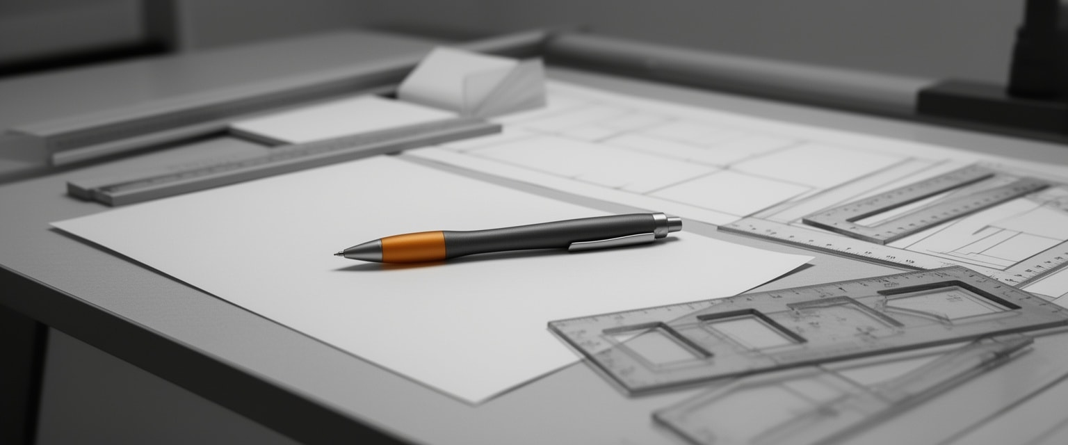 Close-up of a modern drafting table highlighting a graphite-colored pen among grayscale rulers and templates.