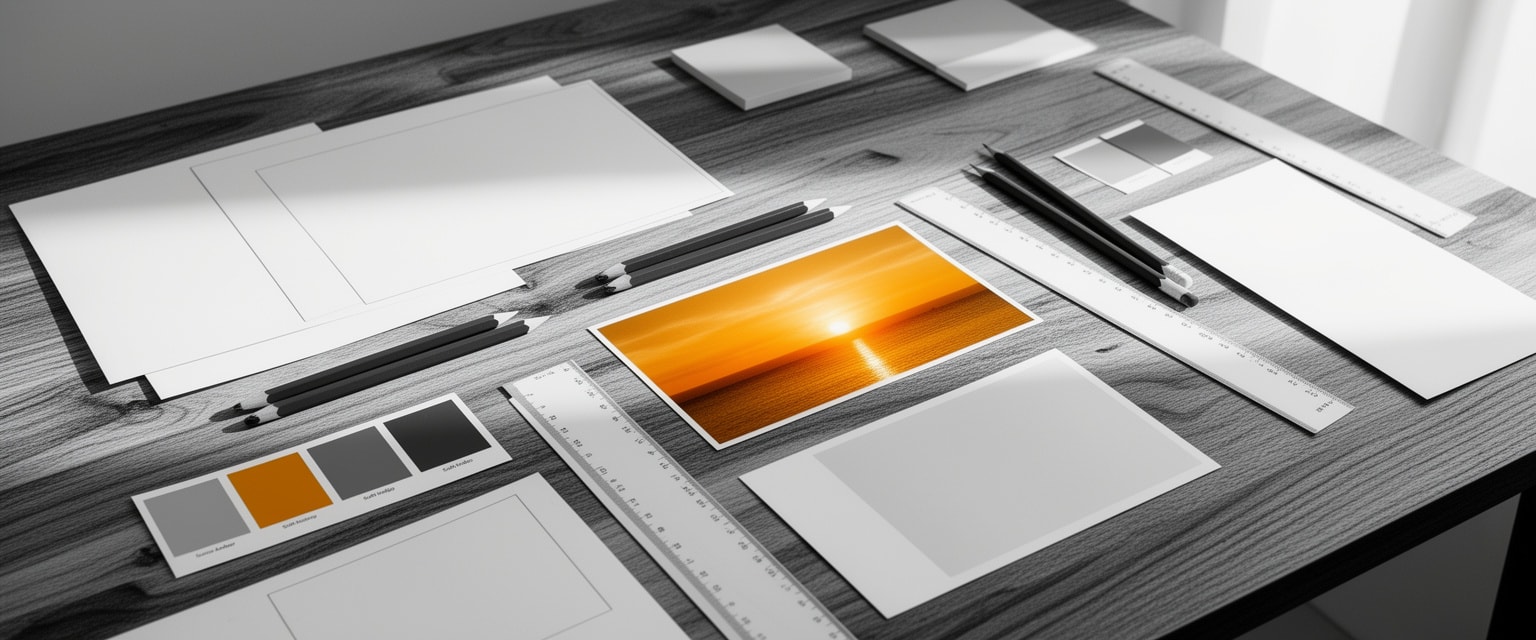 Overhead view of a minimalist workspace featuring design tools with a vibrant sunrise amber color swatch highlighted against a grayscale wooden desk.