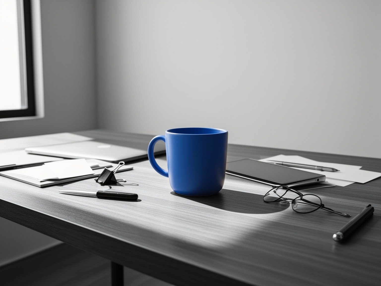 Eye-level photo of a minimalist office desk with a soft indigo coffee cup as the only color accent amid a grayscale workspace environment.