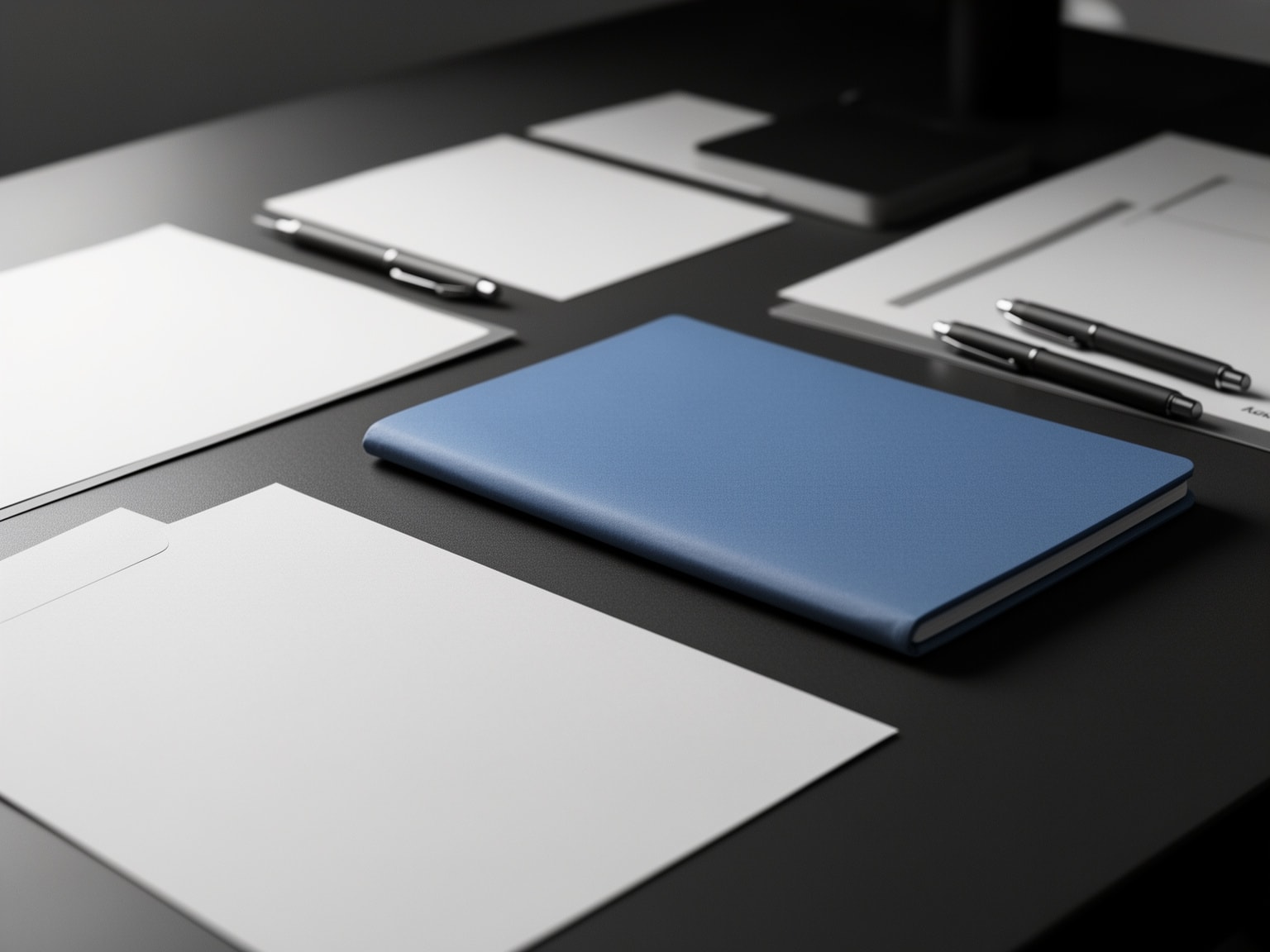 Side view of a professional desk workspace highlighted by a soft indigo folder amid black-and-white paper layouts and pens.