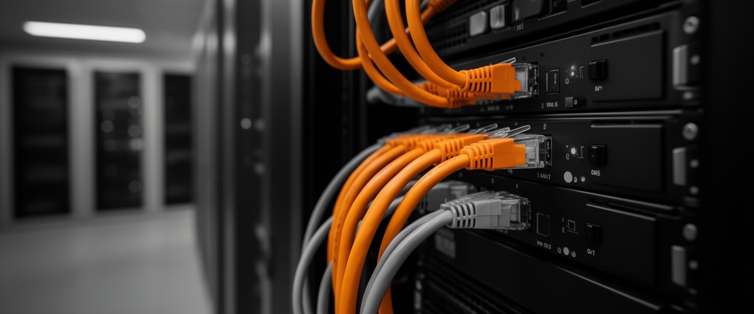 Close-up of server rack with network cables highlighted in sunrise amber color amidst grayscale server equipment