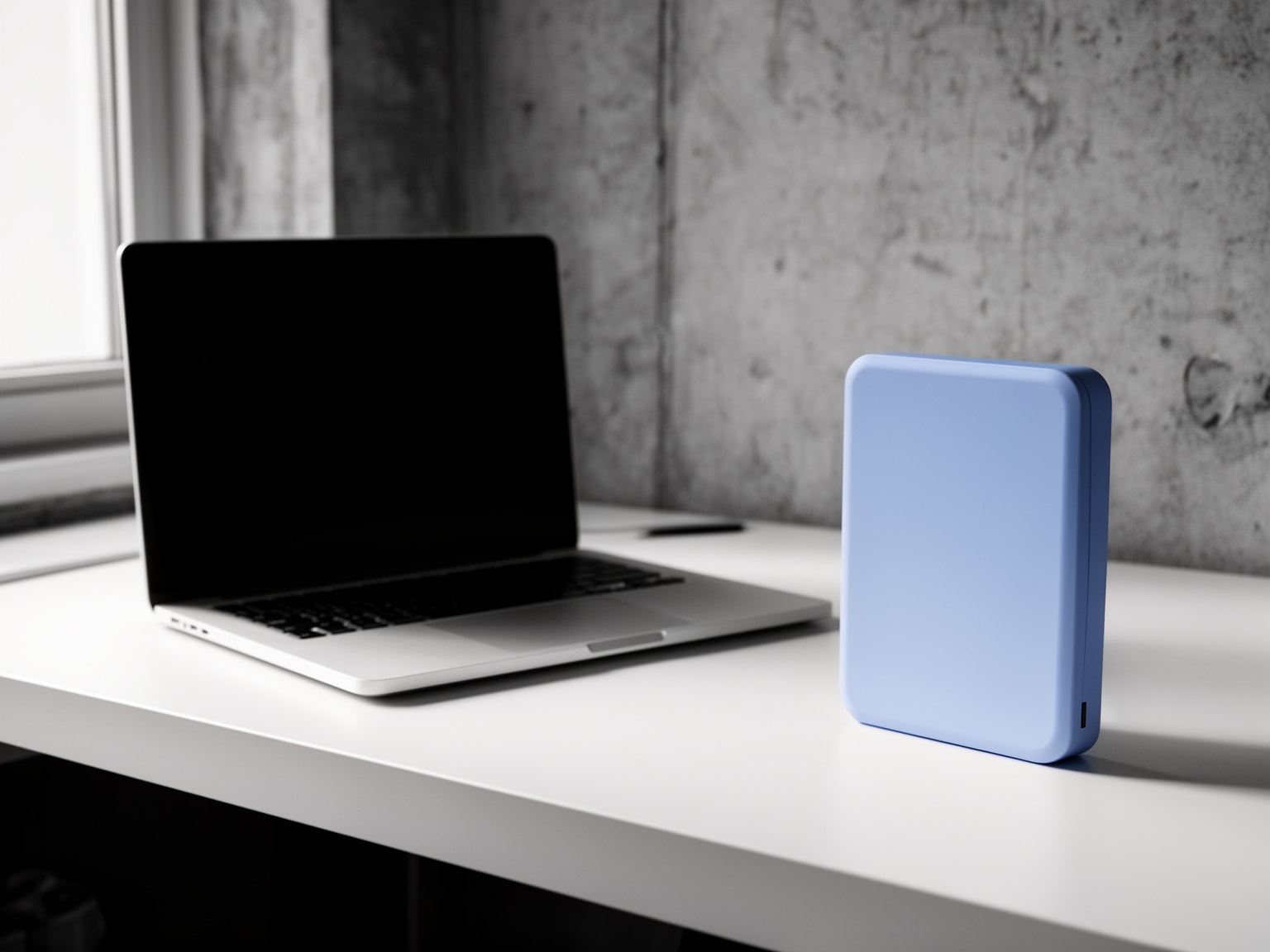 Minimalistic workspace with soft indigo colored external hard drive on a grayscale desk setup
