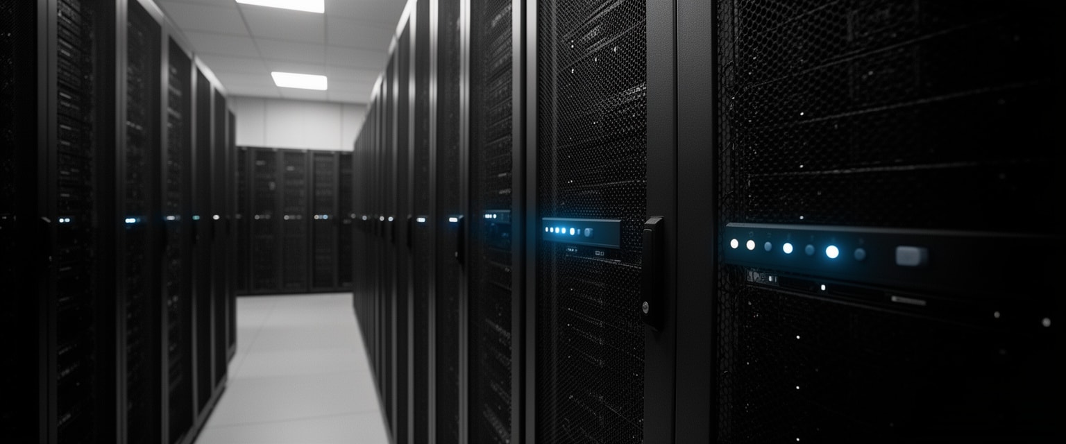Server room viewed in black and white with selective graphite colored blinking status lights on equipment