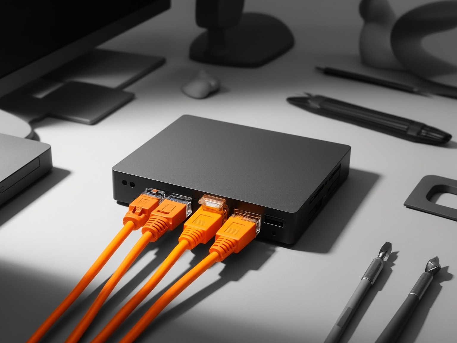 Close-up of backup system hardware with sunrise amber cables highlighted against grayscale technology background