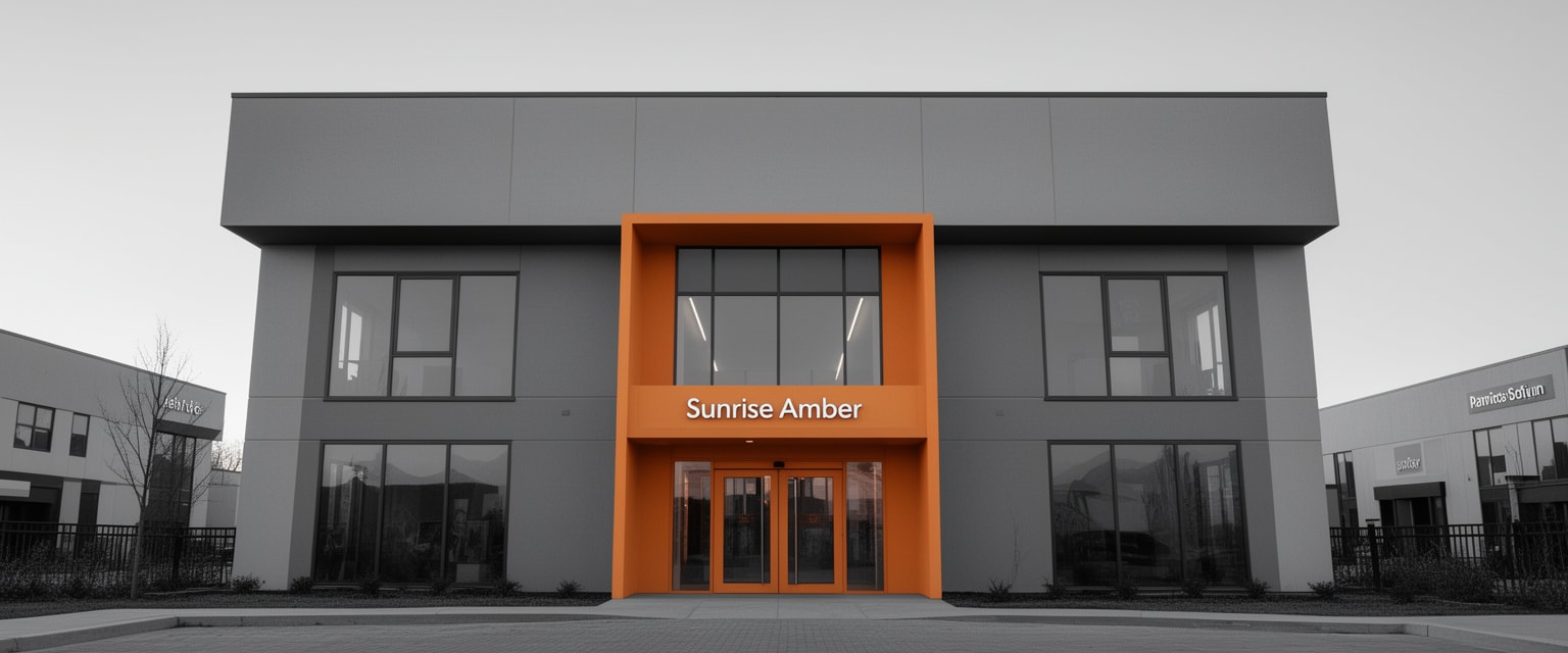 Modern commercial building entrance with selective sunrise amber color accent on doors amid grayscale urban environment in early morning light.
