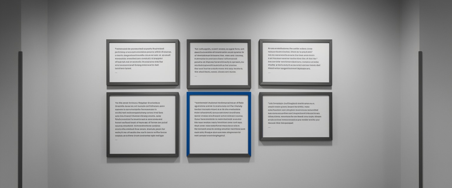Professional portfolio and testimonial display board wall with graphite accent framing in grayscale interior setting.
