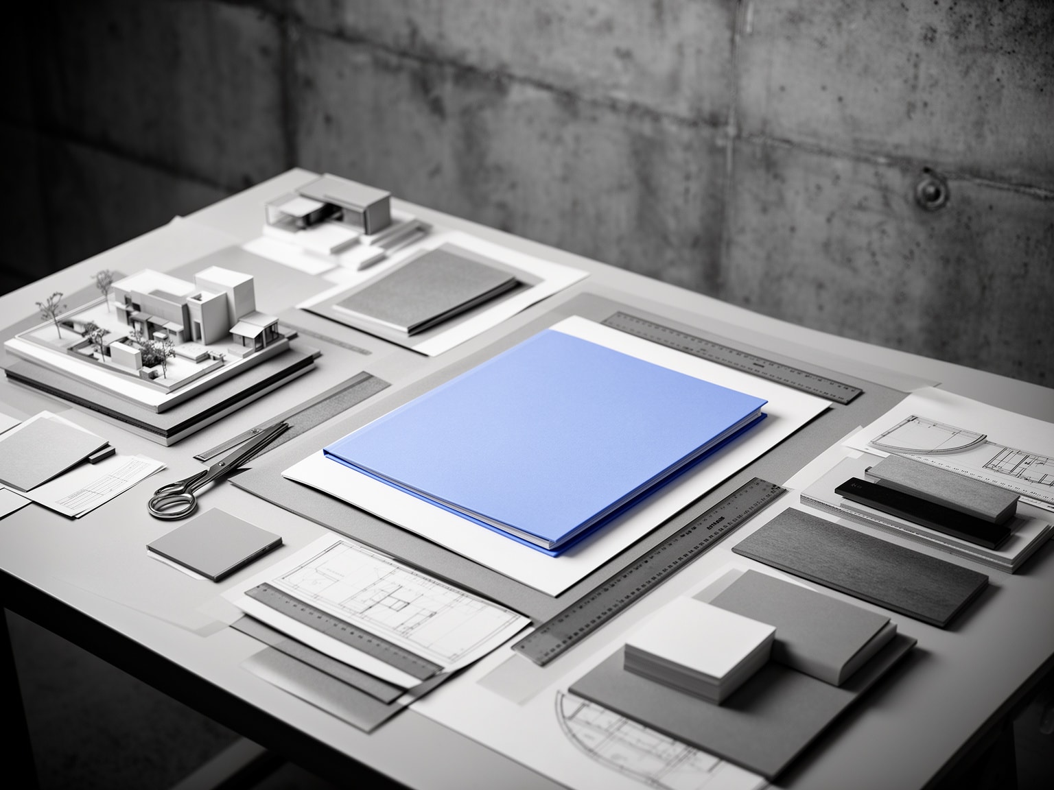 Designer’s workspace overhead view featuring portfolio models and tools with selective soft indigo color highlighted amid grayscale materials.
