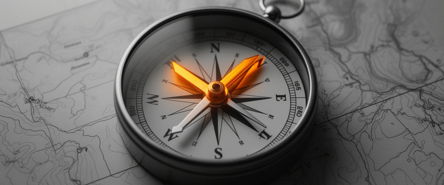 Vintage compass with glowing sunrise amber needle on grayscale Colorado map background.