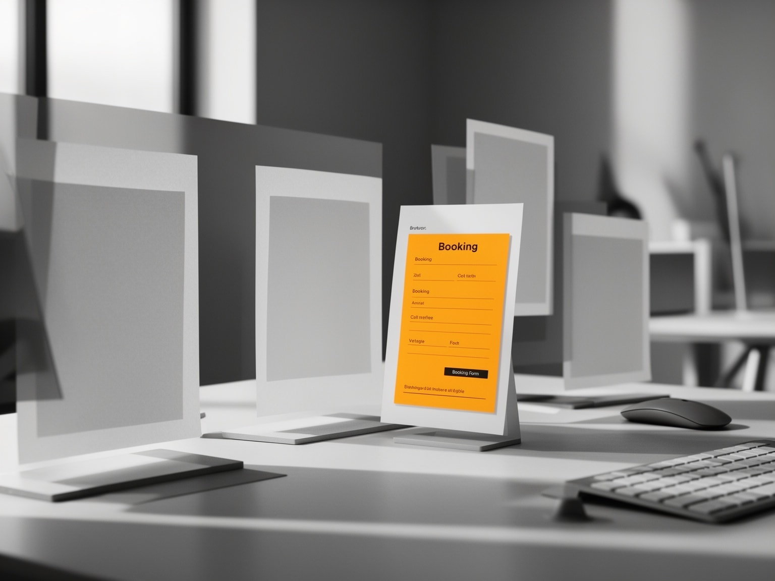 Marketing workspace close-up showing booking form mockup accentuated in sunrise amber amid grayscale office setup.