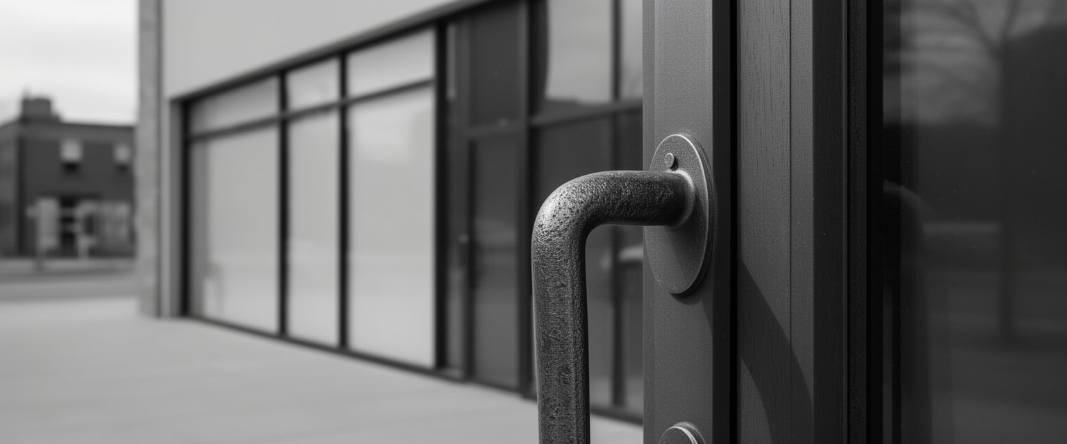 Graphite-toned door handle on monochrome urban storefront facade.