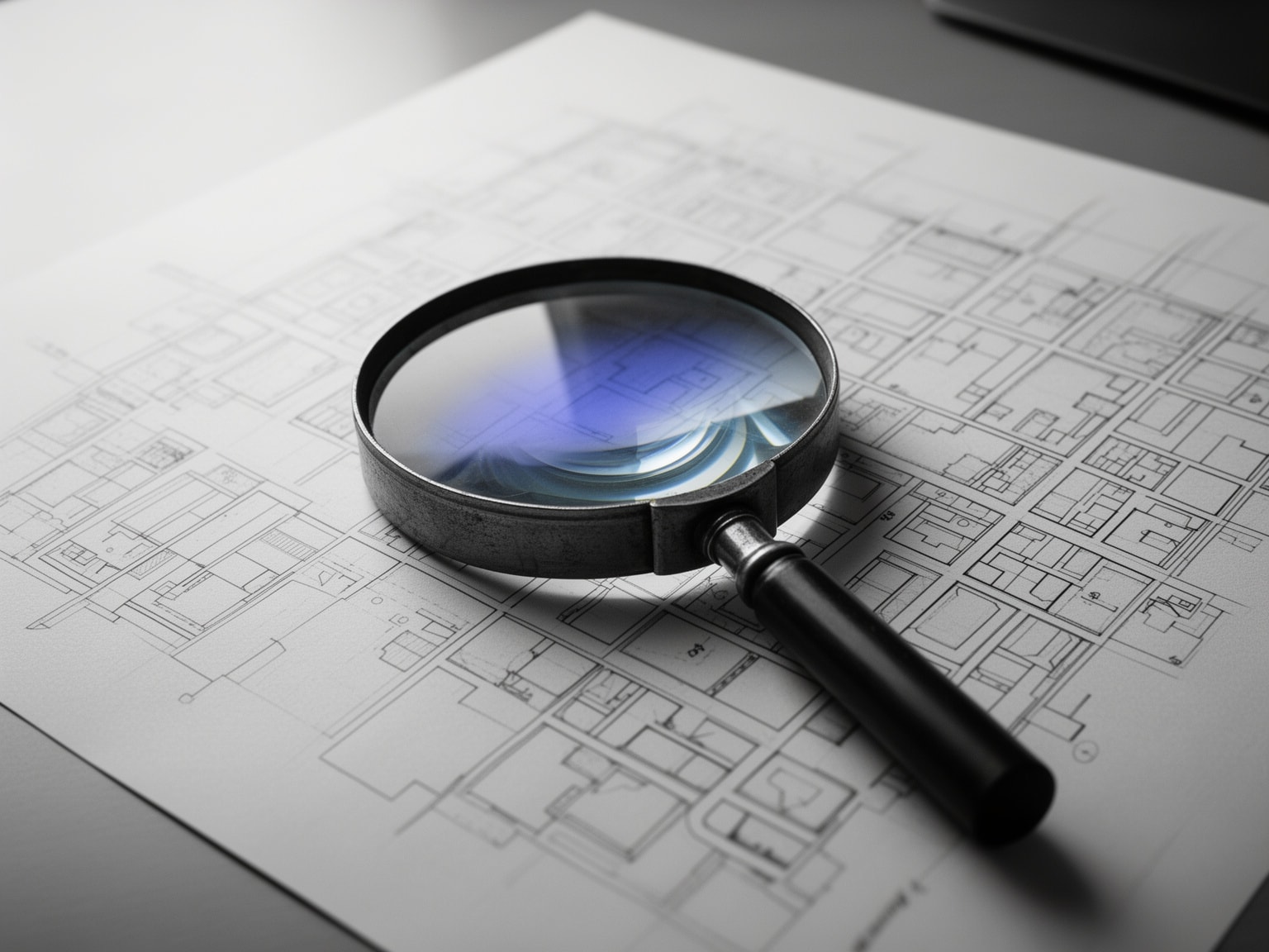 Old-fashioned magnifying glass with soft indigo glow over blank city grid blueprint.