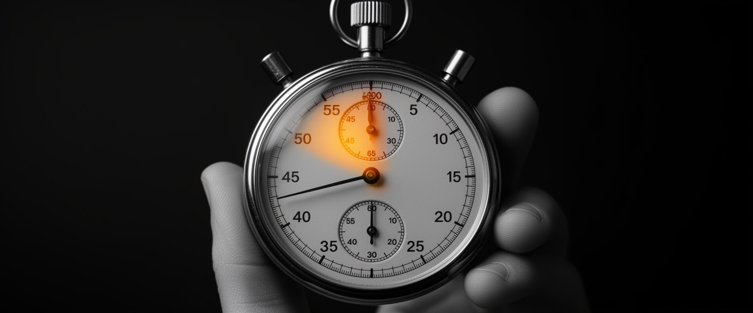 Stopwatch with sunrise amber highlighted hands against black background in selective color photograph