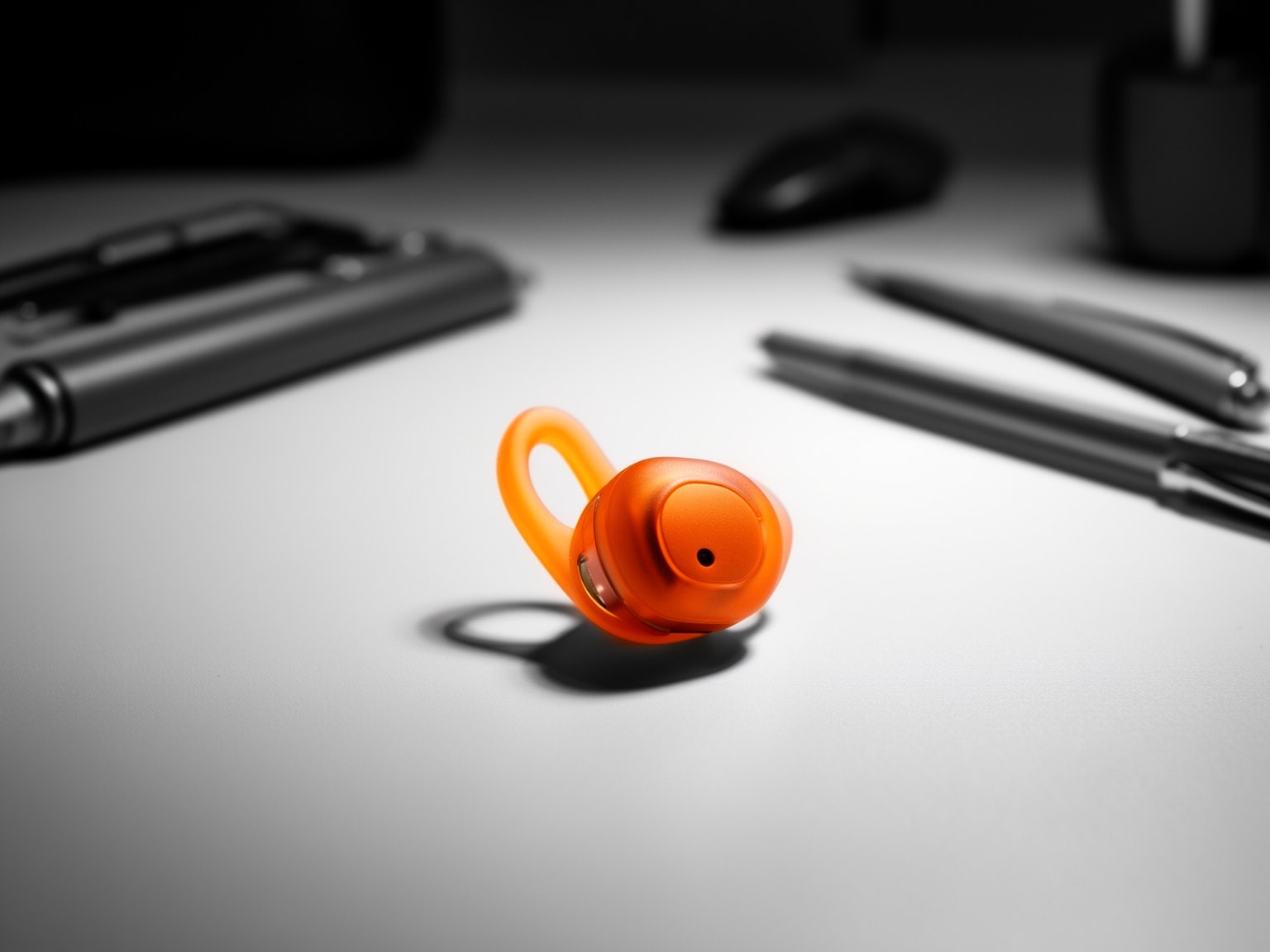 Sunrise amber communication earpiece on grayscale minimalist office desk.