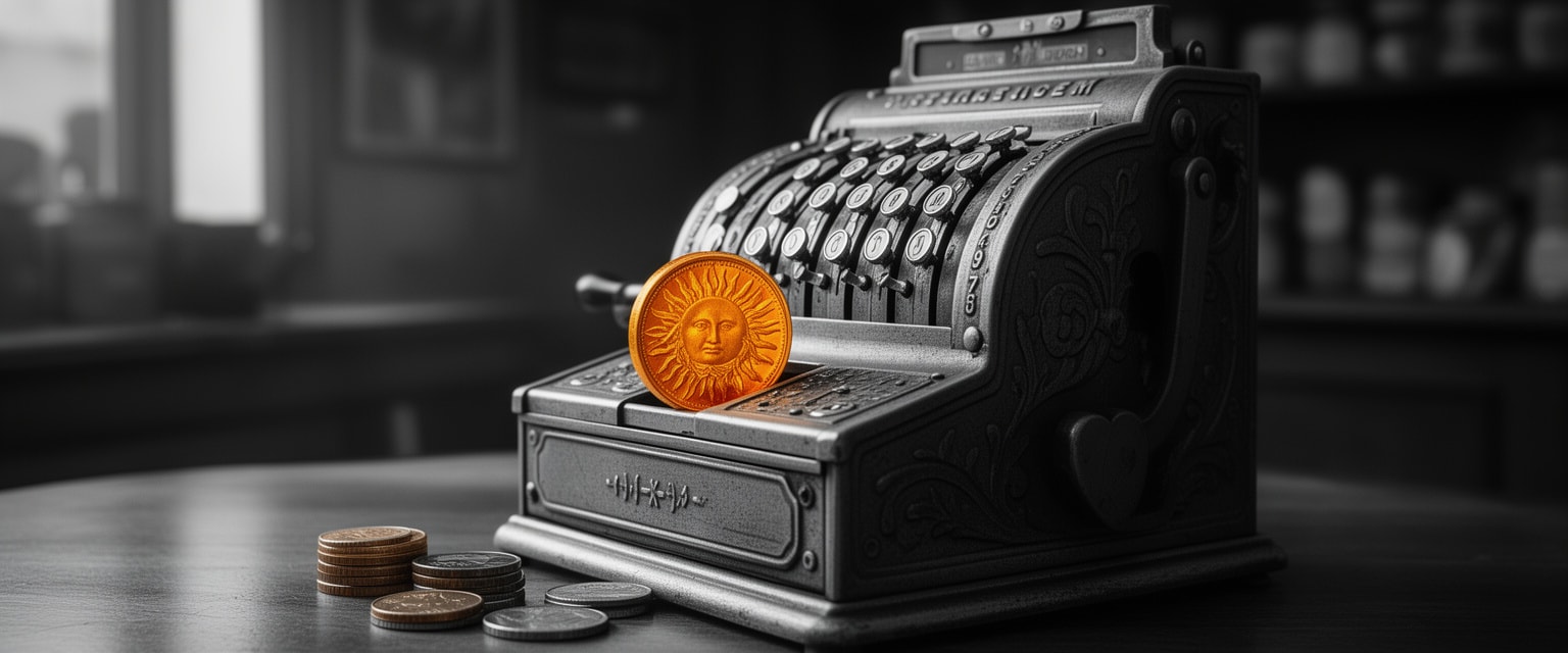 Close-up of vintage cash register with a glowing amber coin symbolizing fixed pricing assurance