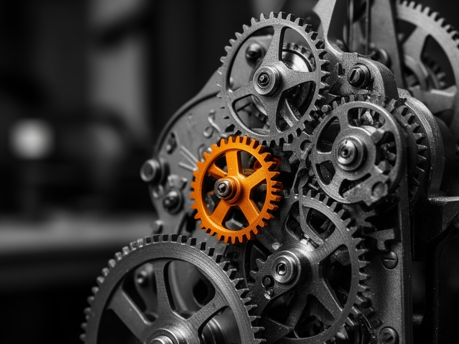Close-up of graphite colored clockwork gear among grayscale mechanical gears in detailed selective color photo