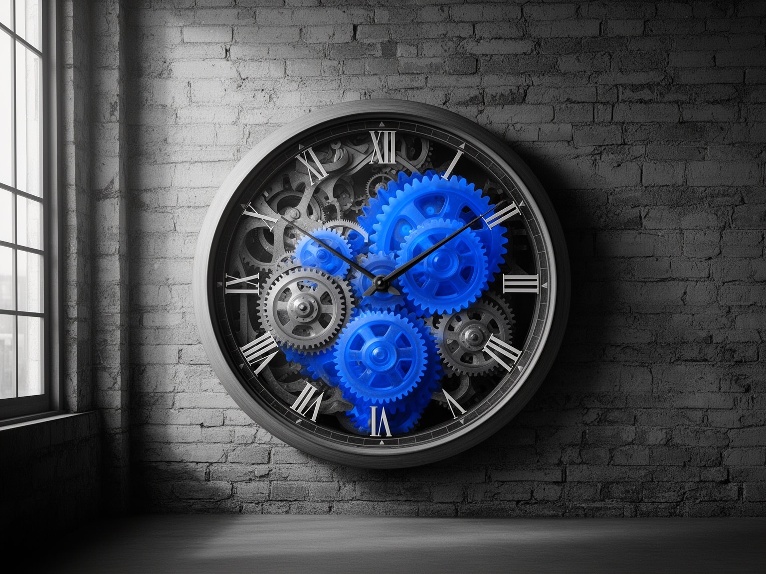High-contrast analog clock featuring soft indigo mechanical gears in minimalist industrial setting