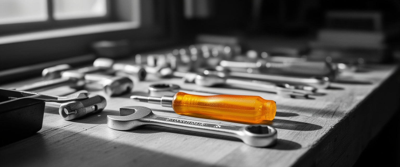 Close-up of analog workshop tools on a wooden bench with a single sunrise amber tool highlighted amidst black-and-white tones