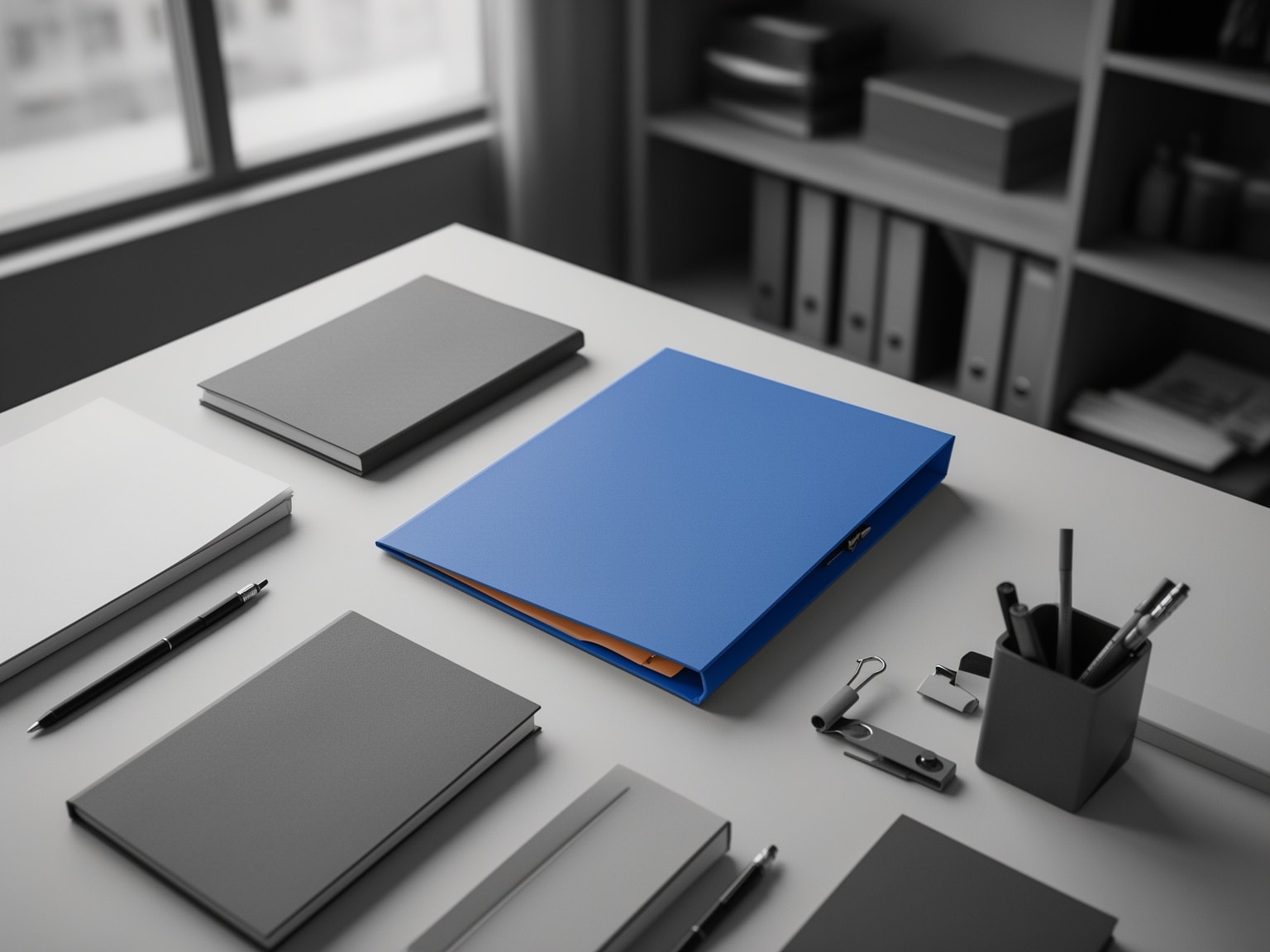 Overhead view of a minimalist service desk with one soft indigo folder highlighted among grayscale office supplies