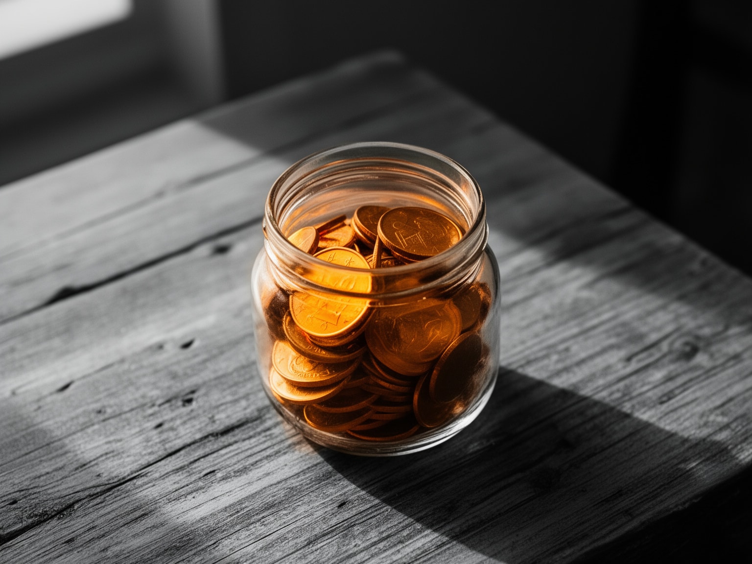 Overhead view of glass jar filled with glowing amber coins on a rustic wooden table