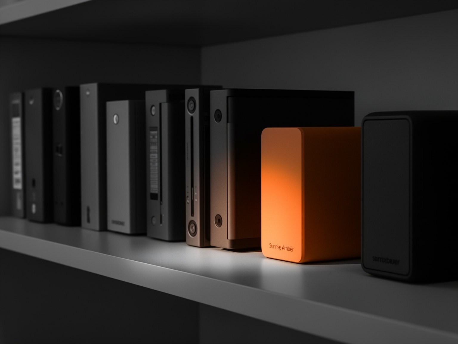 Side view of analog backup devices in grayscale with a single sunrise amber unit highlighted on a clean minimalist surface