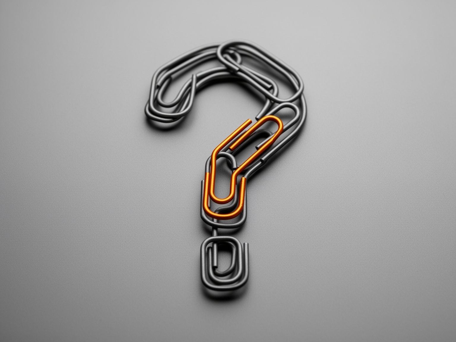 Close-up of question mark shape made of grayscale paperclips with one sunrise amber clip on gray surface