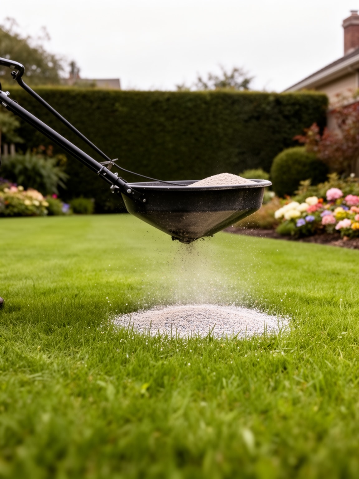 Fertilizer spreader applied to healthy green lawn with even granule distribution