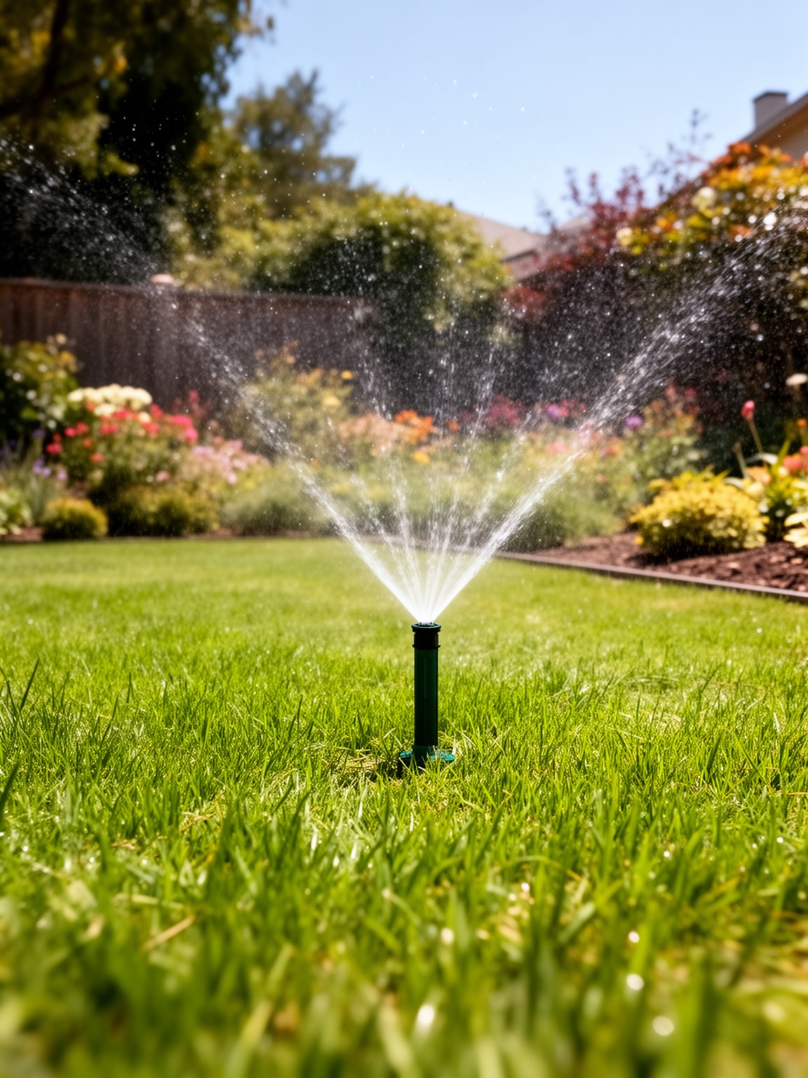 Active sprinkler watering vibrant green lawn and garden in sunny backyard