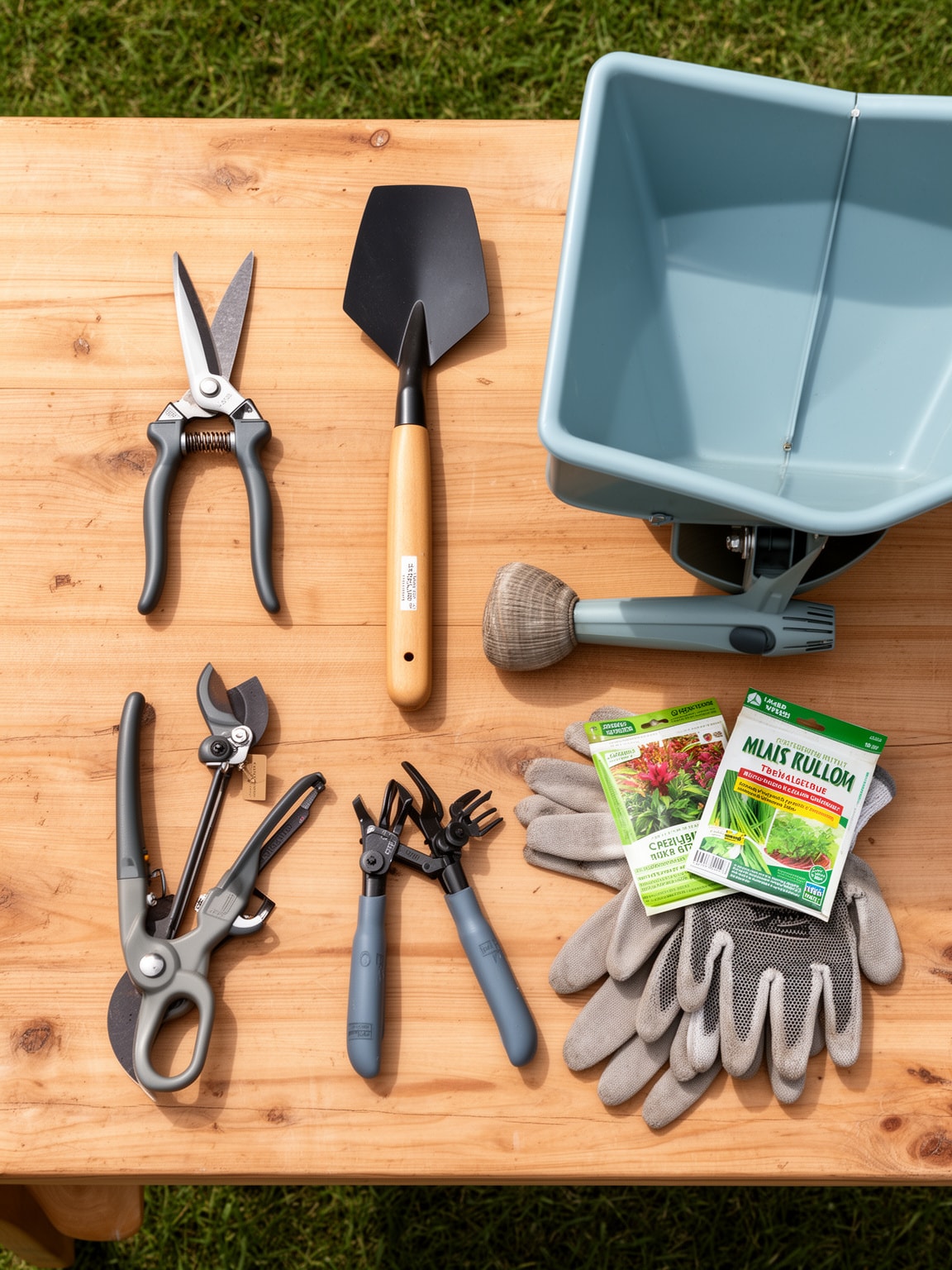 Neatly arranged gardening tools and lawn care supplies on a wooden table in bright daylight