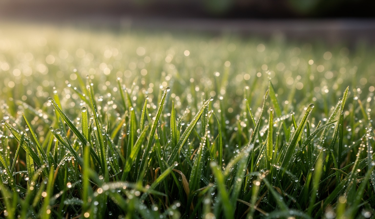 Macro close-up of morning dew droplets on fresh green lawn grass blades