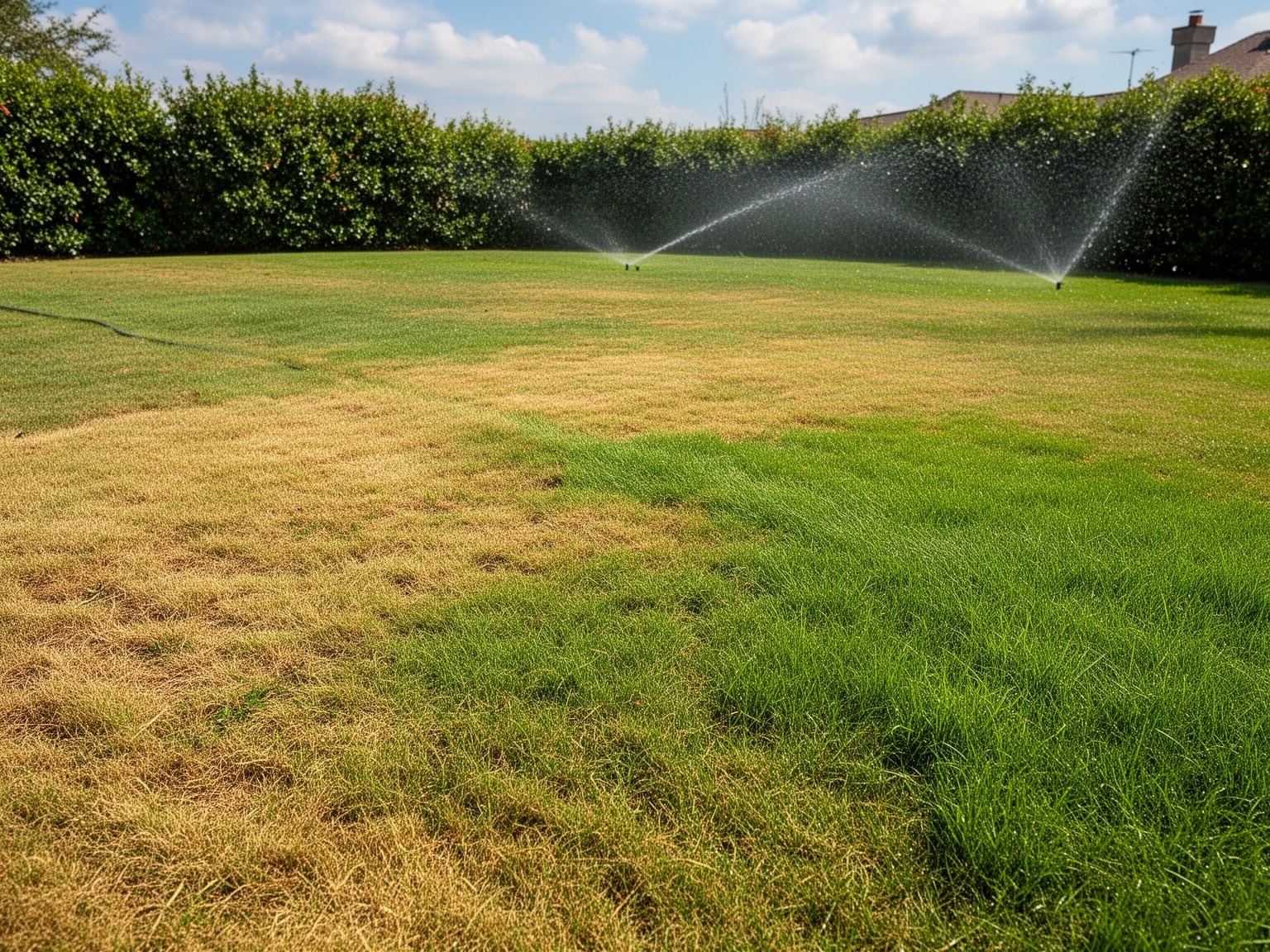 Residential lawn showing patchy grass health with sprinkler system in sunny backyard