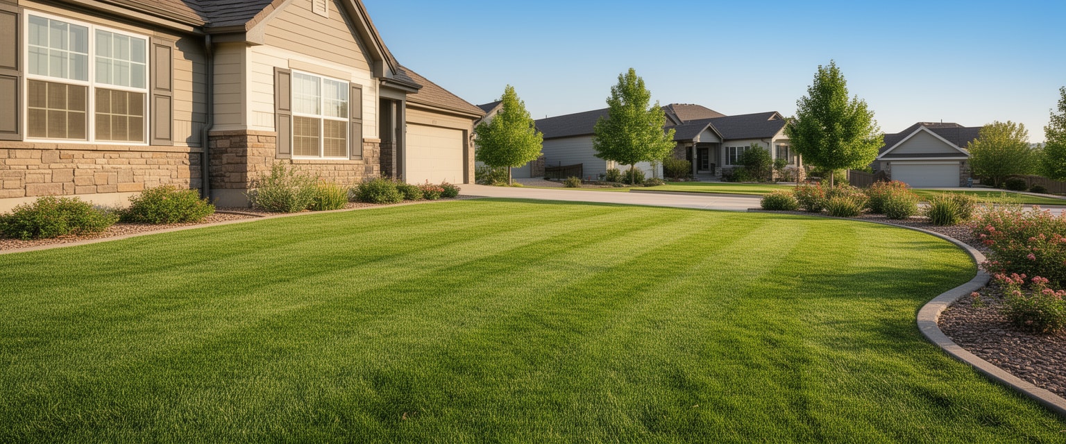 Freshly mowed residential lawn with neat grass stripes in a suburban neighborhood in Centennial Colorado under clear daylight