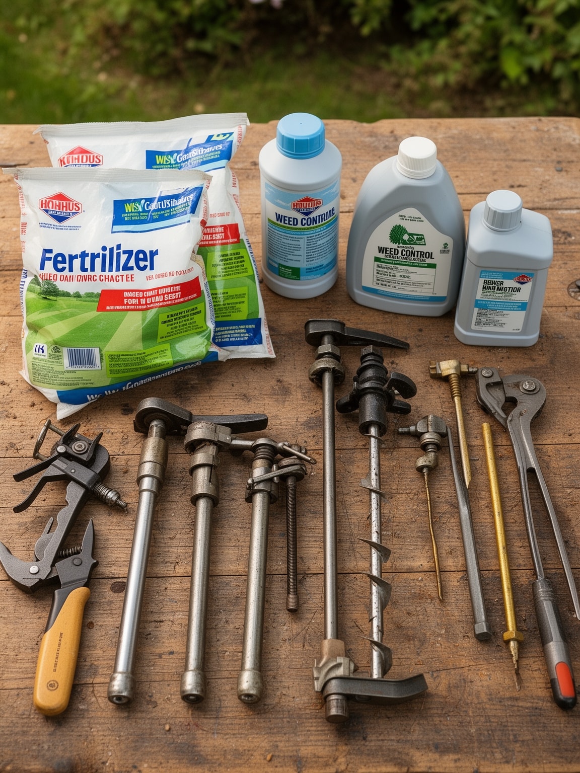 Assorted lawn care tools and organic fertilizers arranged on wooden workbench in garden setting