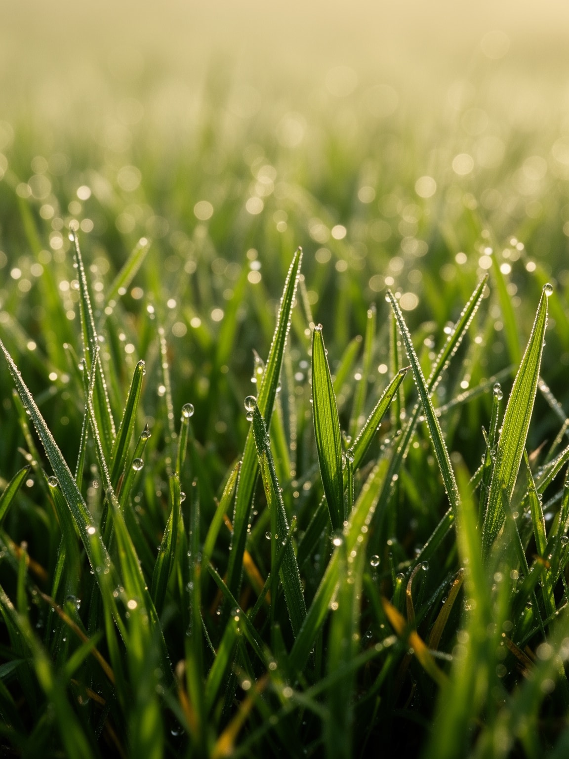 Macro photo of dew-covered cool-season grass blades in a healthy lawn in Colorado during early morning