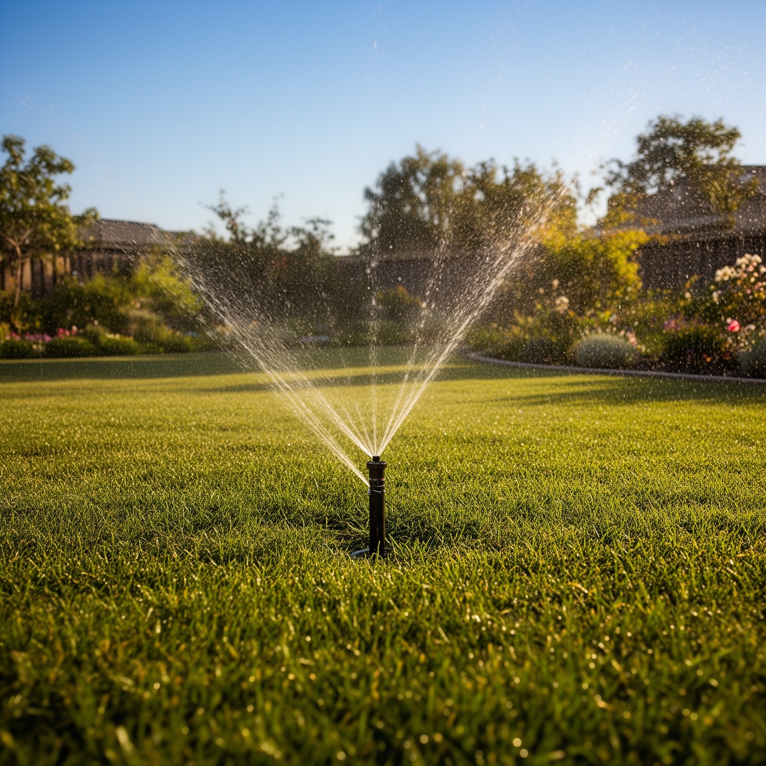 Sprinkler system watering a lush green lawn in a residential backyard on a sunny afternoon in Colorado