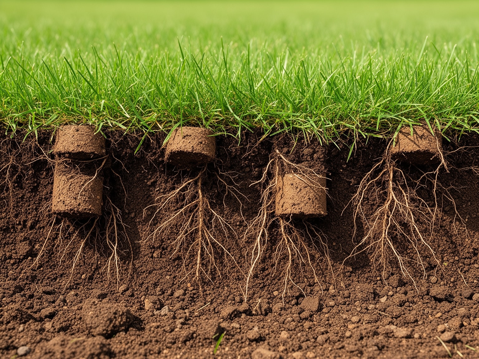 Close-up cross-section of healthy grass roots and soil after lawn core aeration in Colorado residential yard