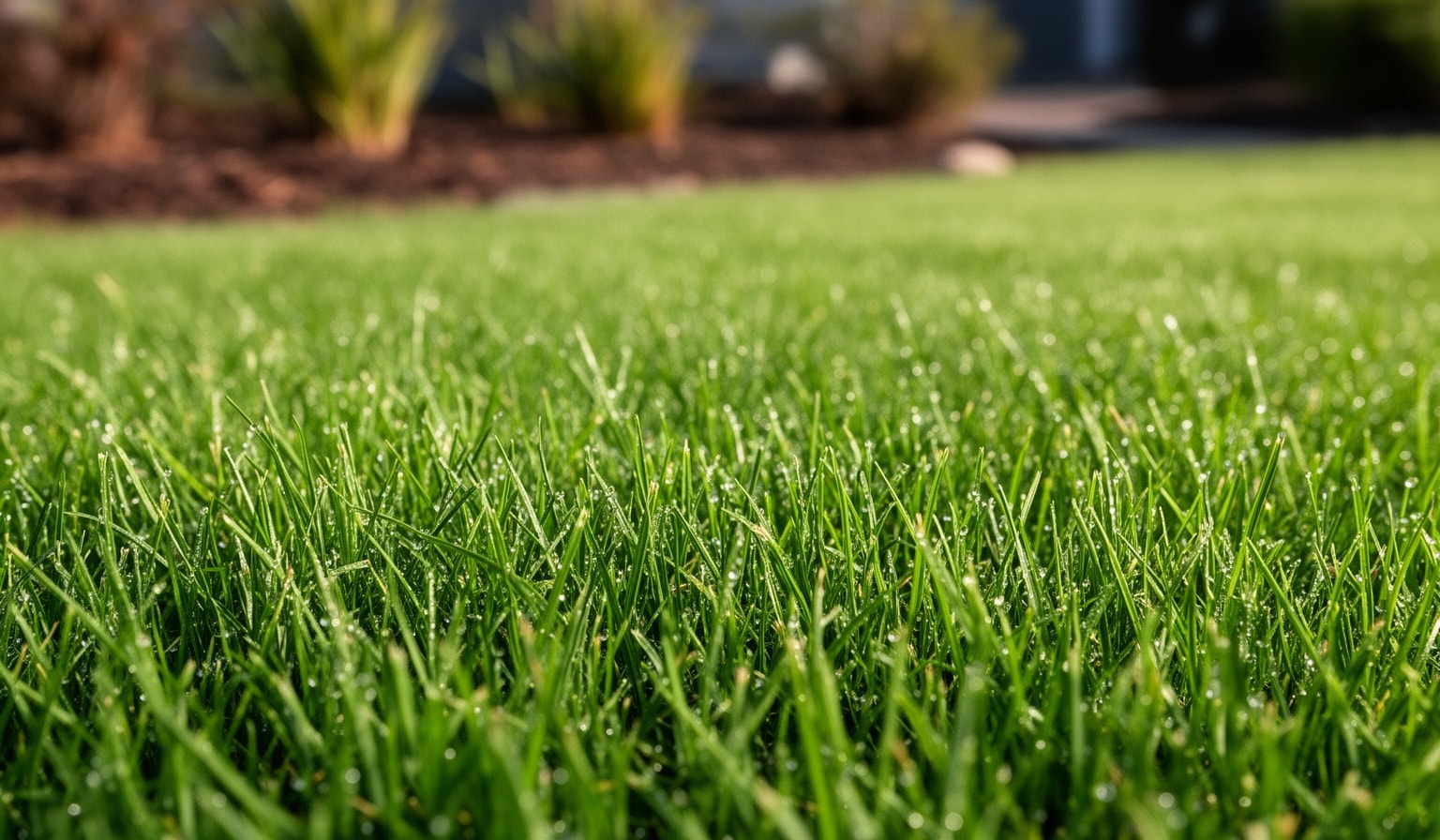 Close-up view of vibrant healthy green grass in a well-maintained residential lawn during early morning