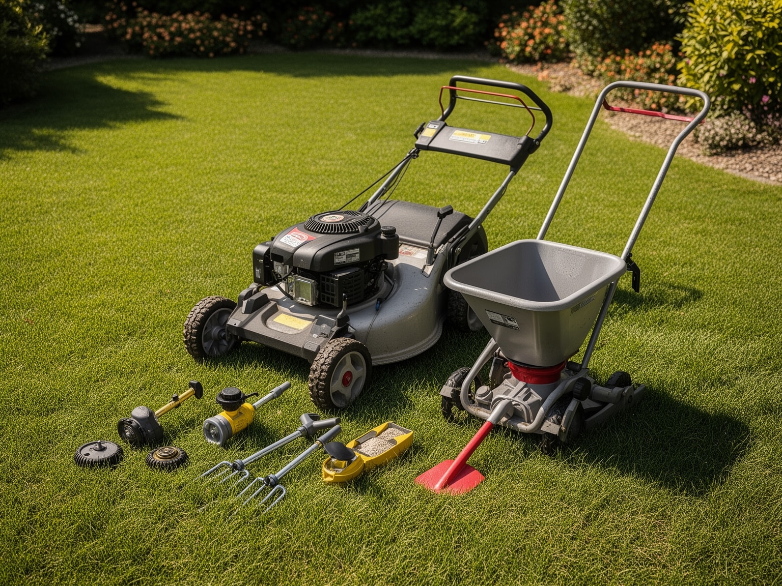 Lawn care tools including mower and sprinkler parts arranged neatly on a sunlit green healthy lawn