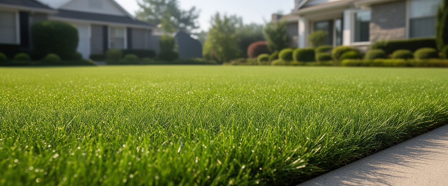 Pristine green residential lawn with trimmed edges in bright morning light