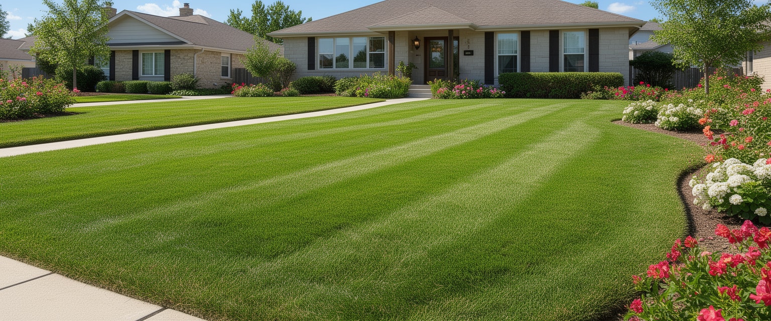 Freshly mowed green lawn with crisp edges in a clean suburban yard under bright sunlight.