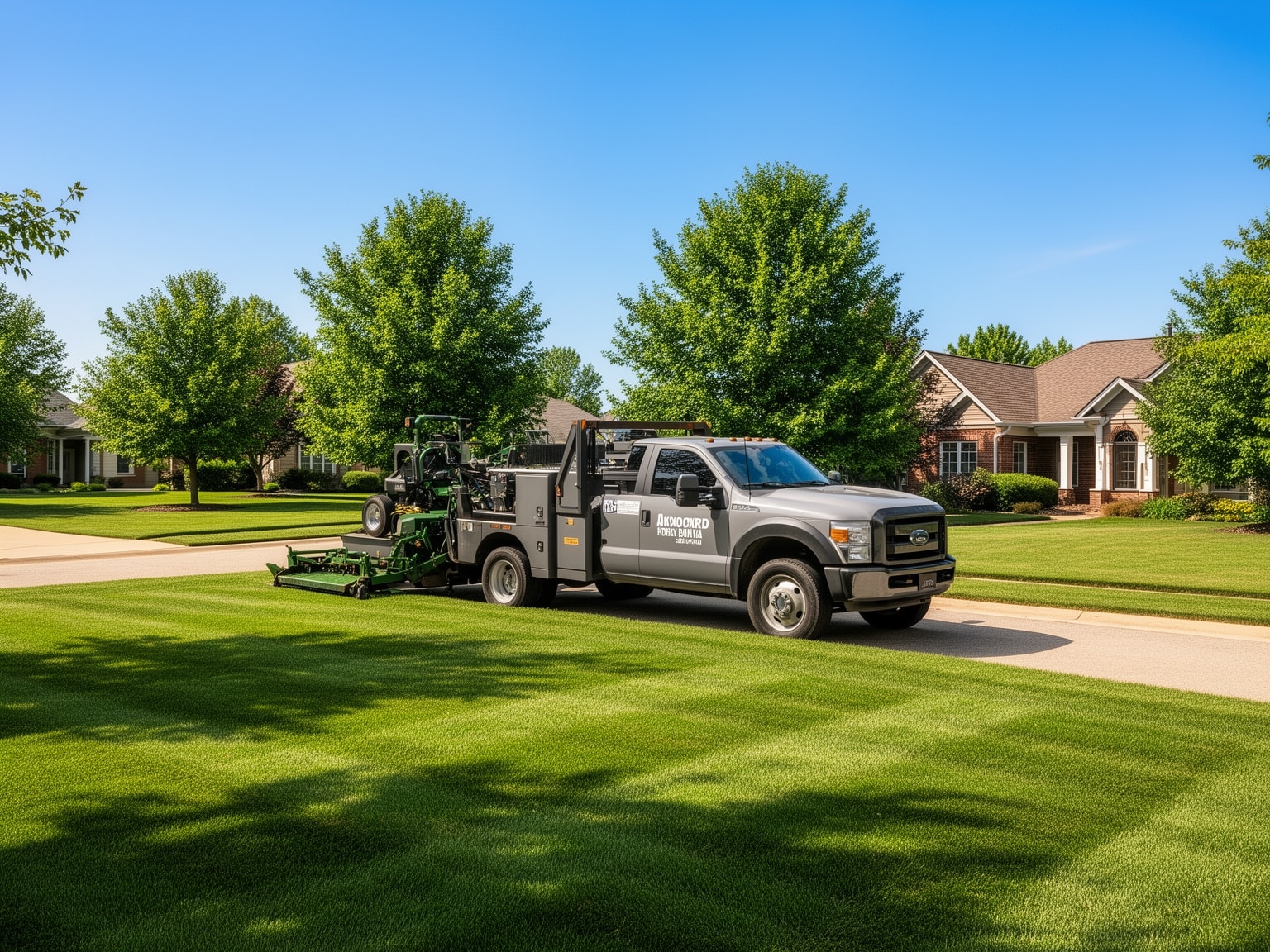 Unbranded lawn care truck by lush suburban yard on sunny midday