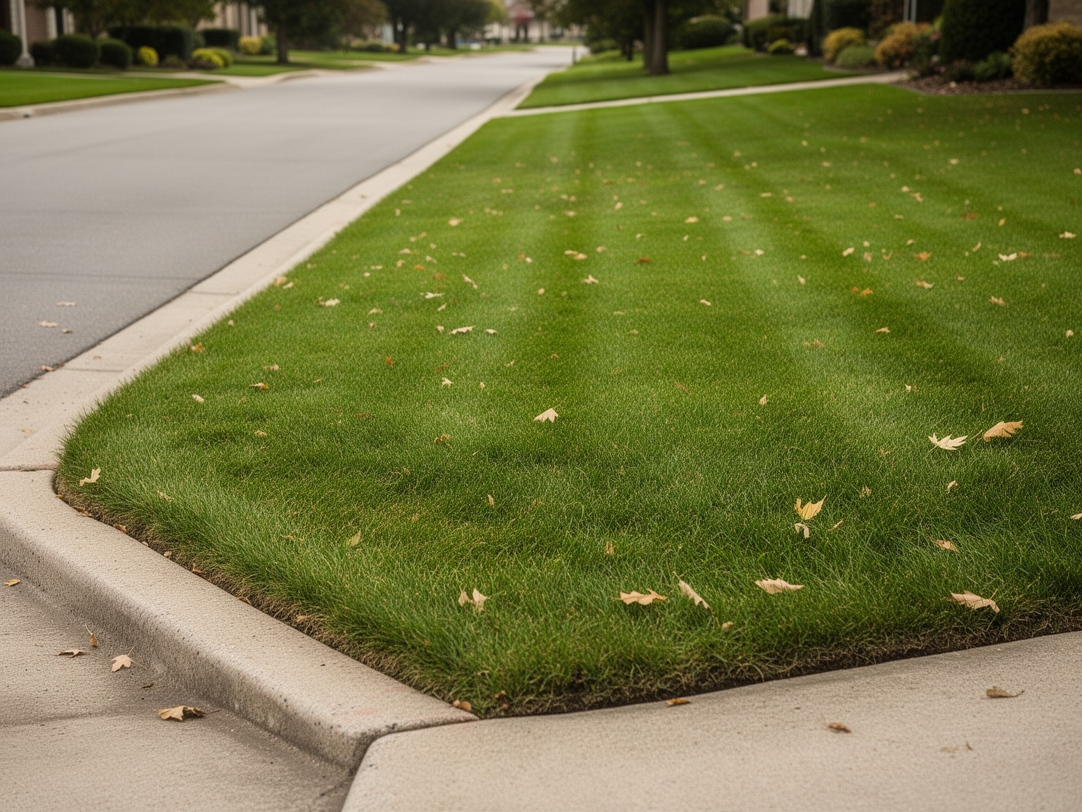 Evenly mowed suburban street curb with tidy lawns on cloudy afternoon