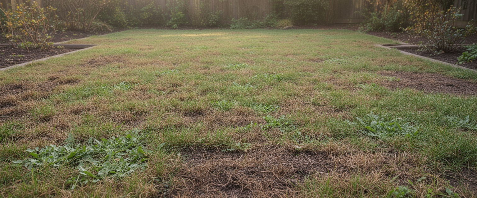 Patchy residential lawn with uneven grass growth and visible bare spots under morning light.
