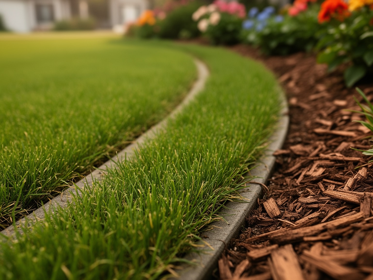 Close-up view of a freshly edged green lawn border with vibrant grass and mulch bed.