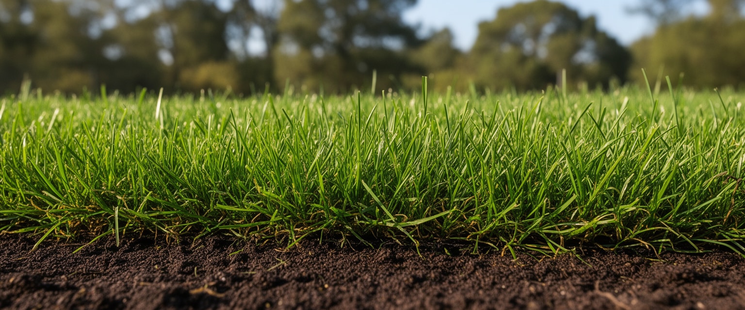 Close-up of healthy thick green grass with rich soil in a vibrant suburban lawn