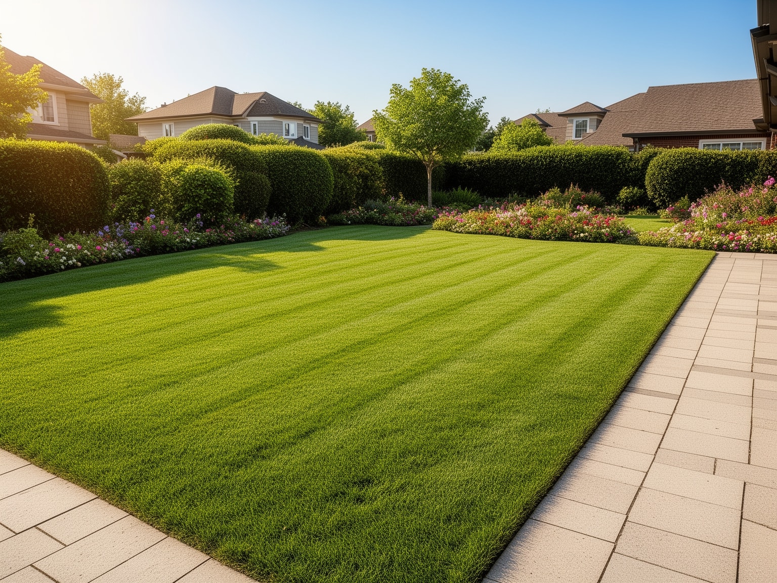 Well-groomed green lawn with neat edges in a tidy suburban yard under bright sunlight.