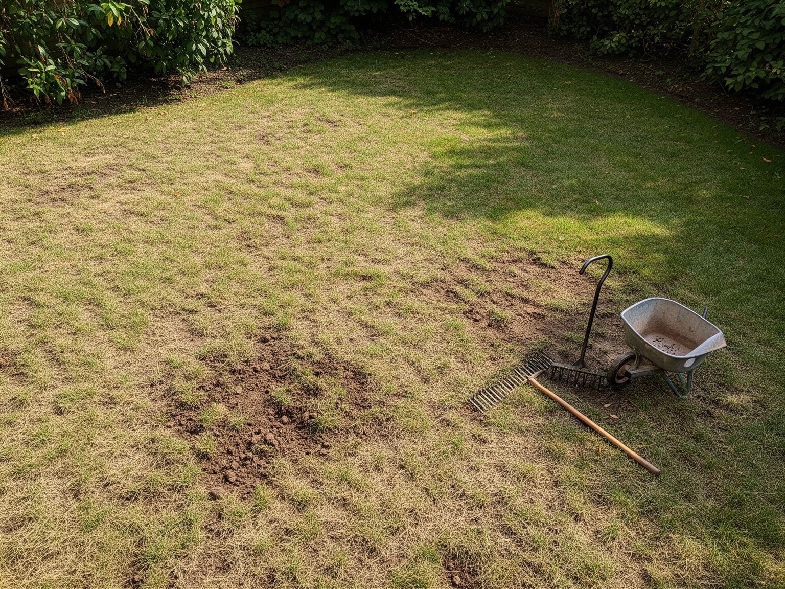 Patchy lawn with thin grass and compacted soil showing signs of damage and restoration tools nearby