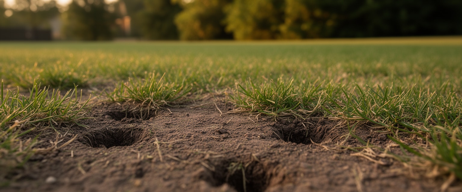 Close-up of compacted soil and thin patchy grass on residential lawn in natural lighting
