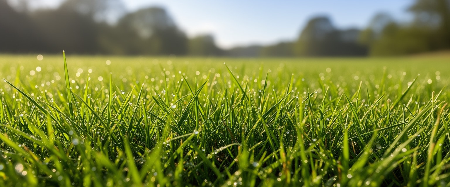 Lush healthy green turf grass vibrant lawn close-up with morning dew drops no weeds or pests